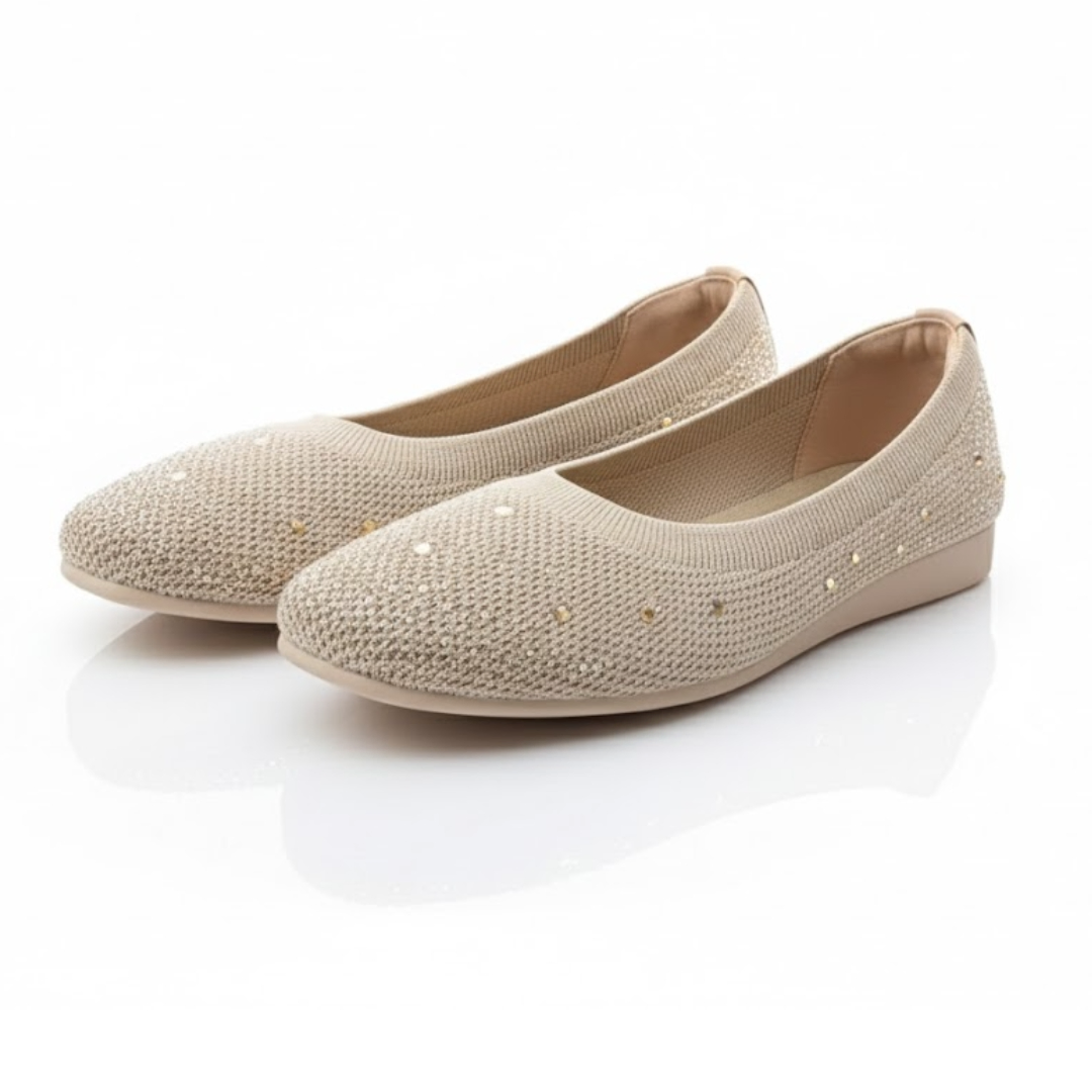 Ladies Womens Easy Slip On Diamante Party Shoes -Beige